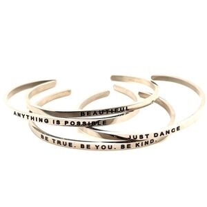 Inspirational Quote Silver Cuff Bracelet Set Stamped Motivational 4pc Stackable